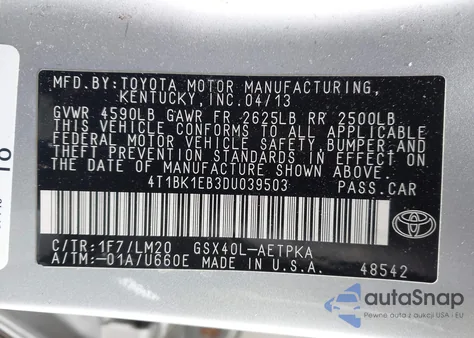 2013 Toyota Avalon Limited z USA, uszkodzony, nr VIN 4T1BK1EB3DU039503